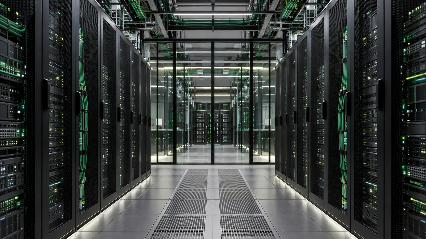 asillo de un centro de datos moderno con racks de servidores e iluminación verde